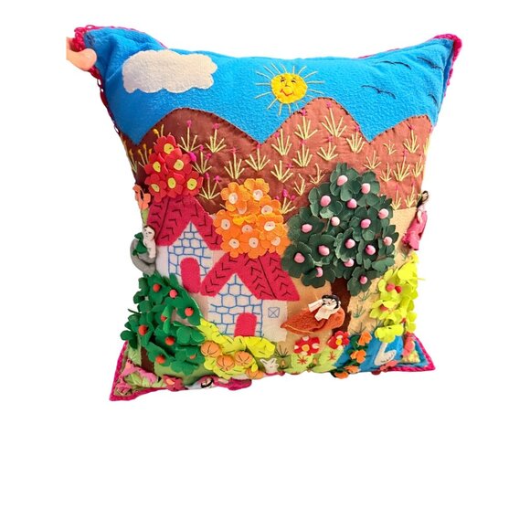 Handmade Peruvian Aspiralla Folk art 3D Embroidered Pillow Whimsical Landscape - Picture 12 of 13